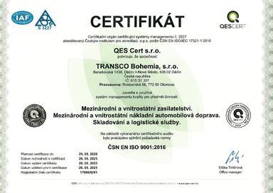 Certifikát ISO 9001 pro systém managementu kvality společnosti Transco